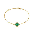 14K Yellow Gold Chain Bracelet with Emerald and Diamond Halo Clover Cluster and Bezel Set Diamonds