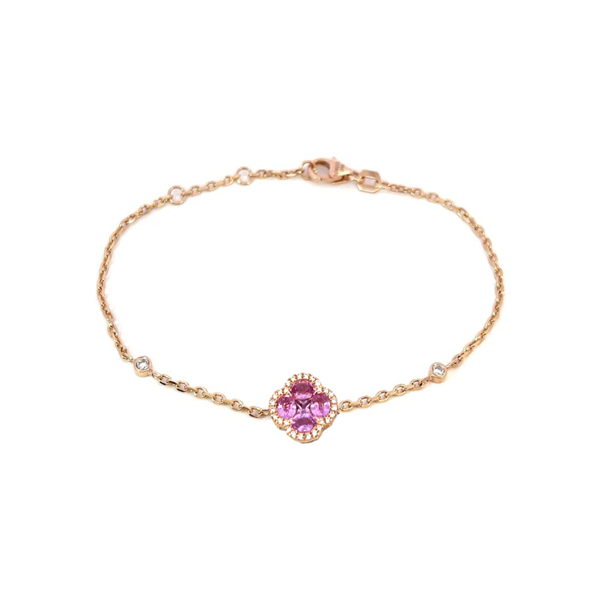 14K Rose Gold Chain Bracelet with Pink Sapphire and Diamond Halo Clover Cluster and Bezel Set Diamonds