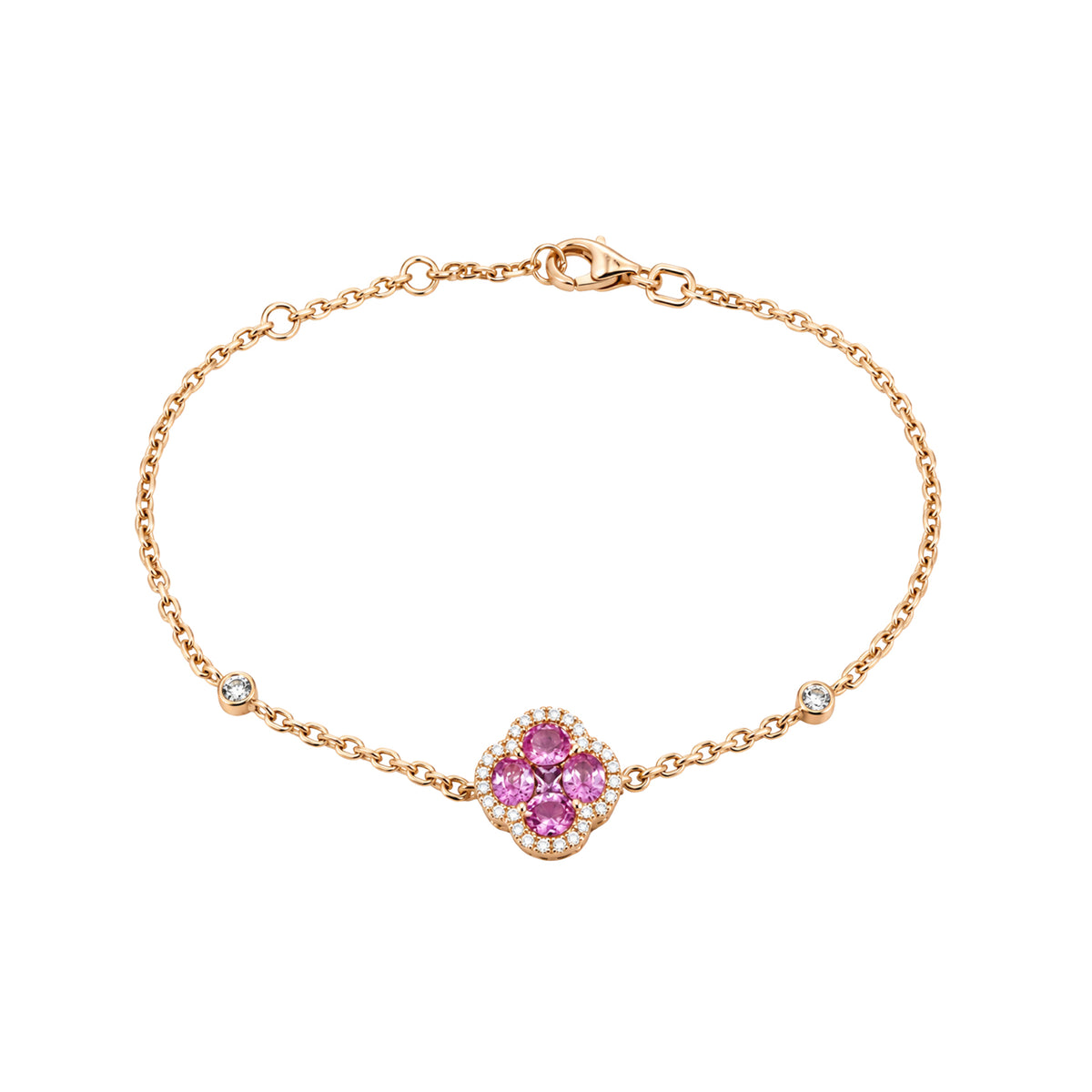 14K Rose Gold Chain Bracelet with Pink Sapphire and Diamond Halo Clover Cluster and Bezel Set Diamonds