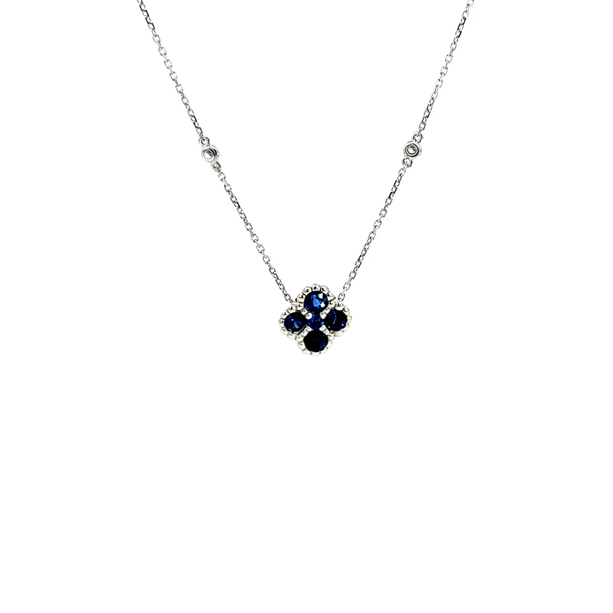 14K White Gold Blue Sapphire Clover Pendant Necklace