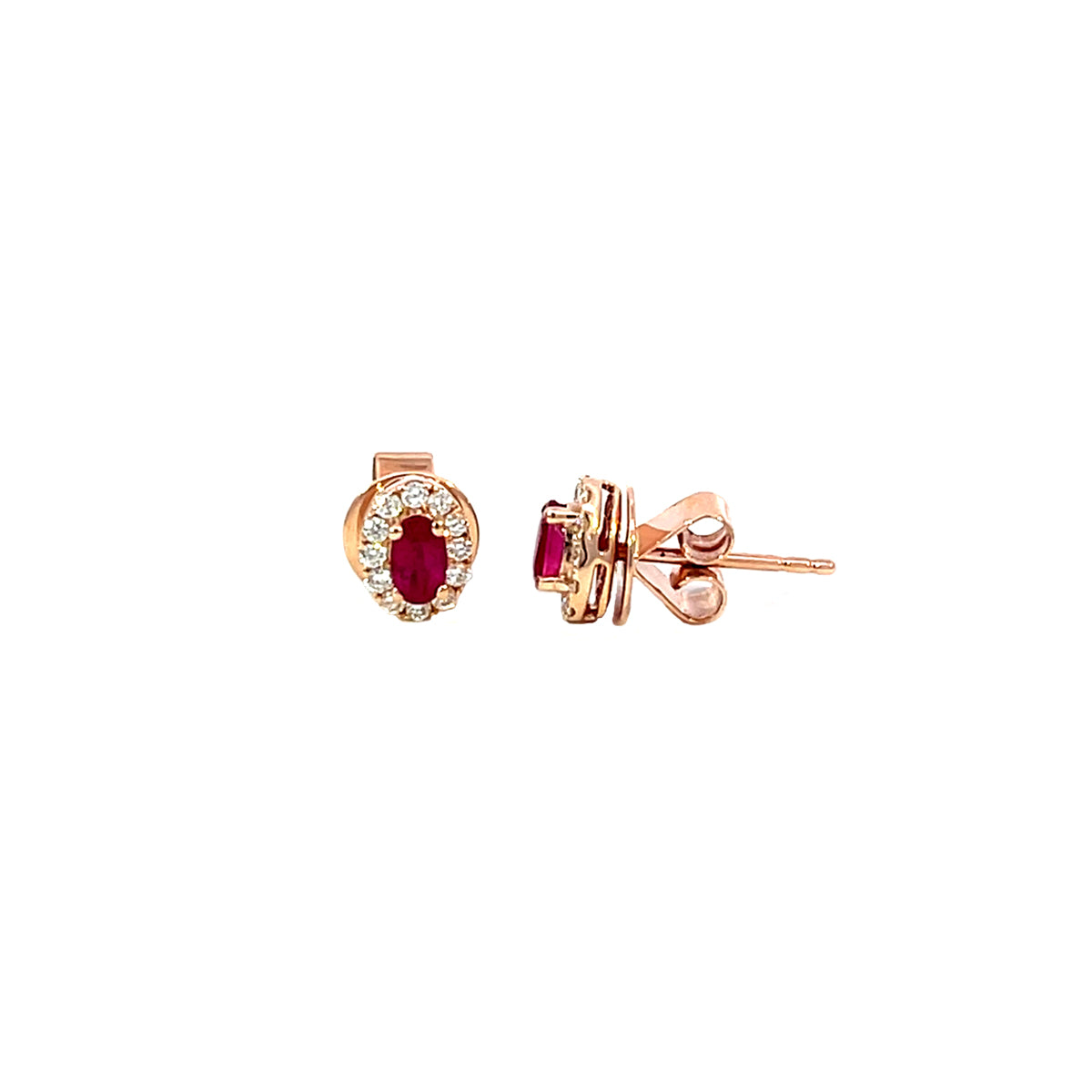 14K Rose Gold Oval Ruby and Diamond Halo Stud Earrings