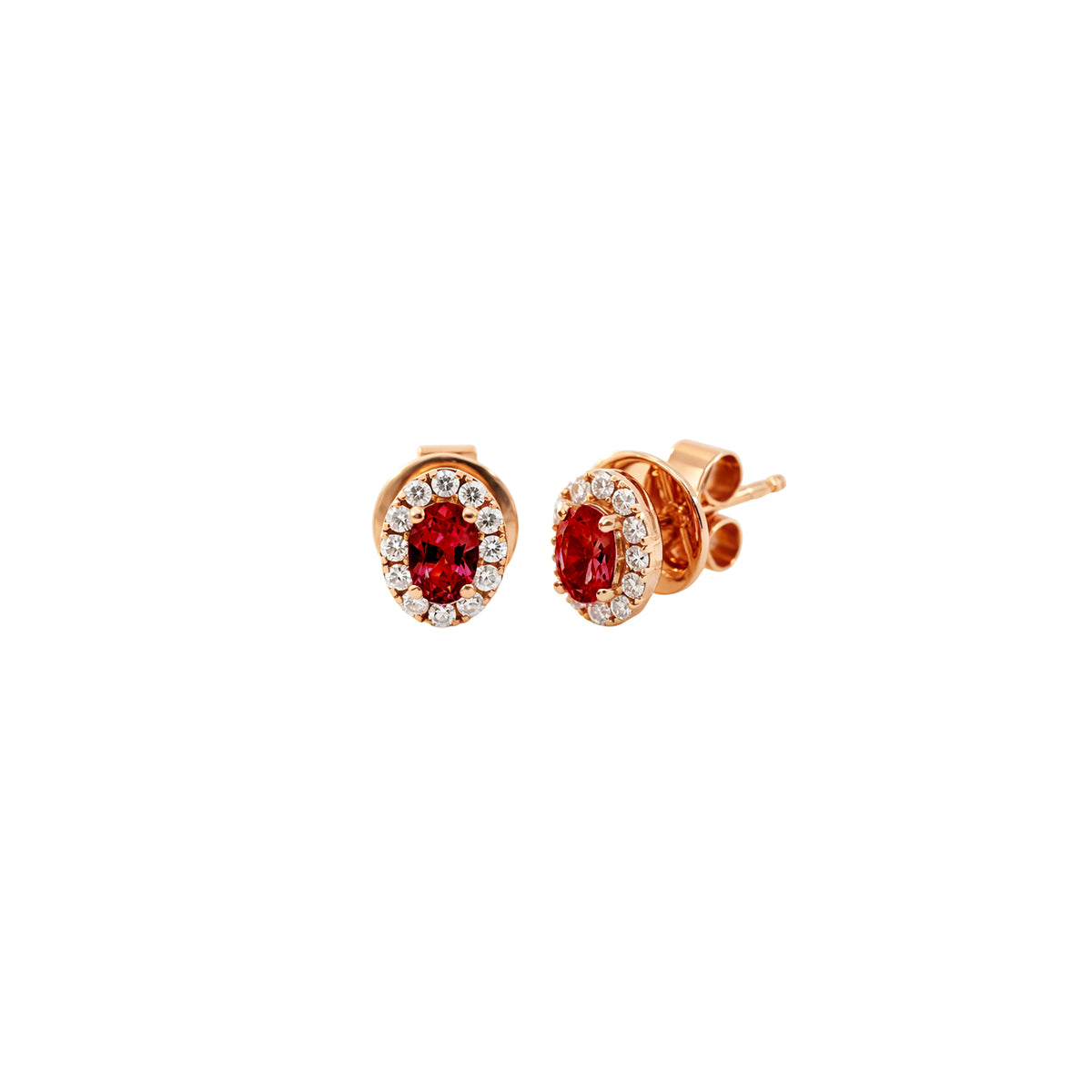14K Rose Gold Oval Ruby and Diamond Halo Stud Earrings