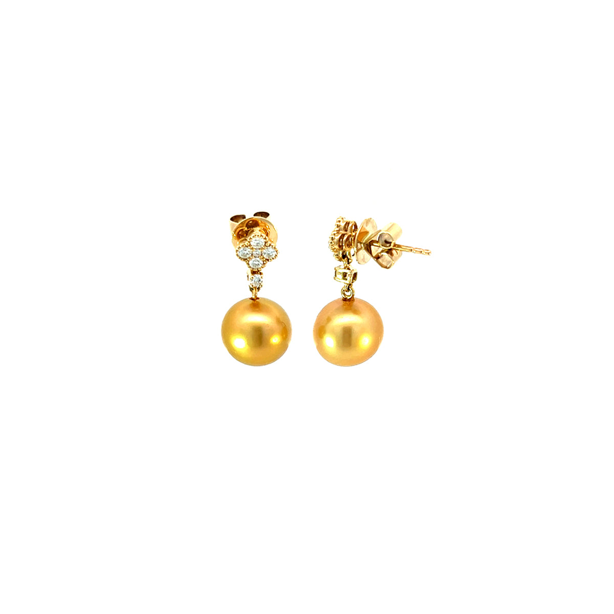 14K Yellow Gold Golden Pearl and Diamond Drop Earrings