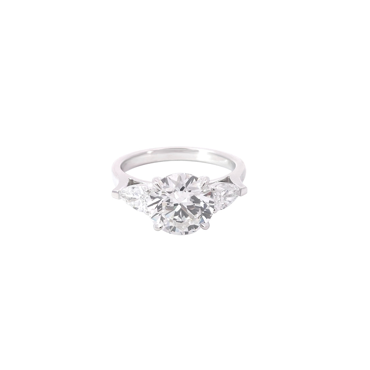14K White Gold Lab Grown Diamond Ring with Round Brilliant Center Stone and Pear Shaped Side Stones