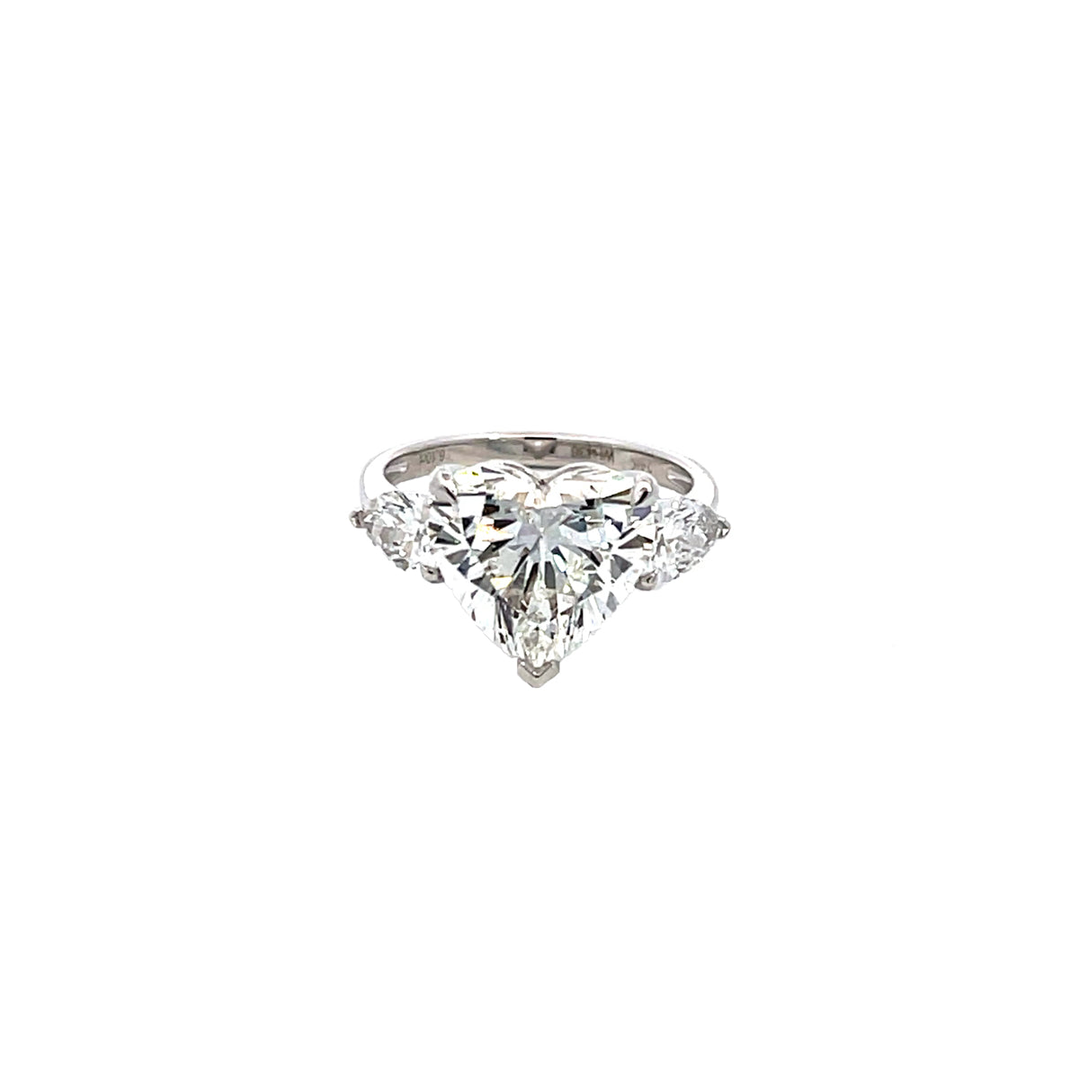 14K White Gold Lab Grown Diamond Ring with Heart Shaped Center Stone and Pear Shaped Side Stones