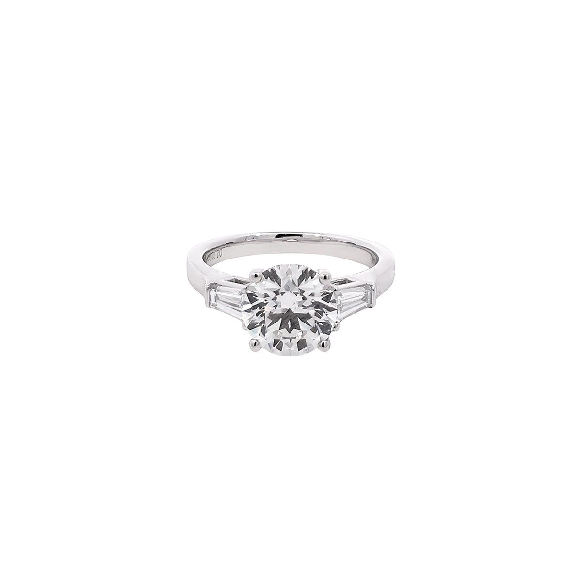 14K White Gold Lab Grown Diamond Ring with Round Brilliant Center Stone and Tapered Baguette Side Stones