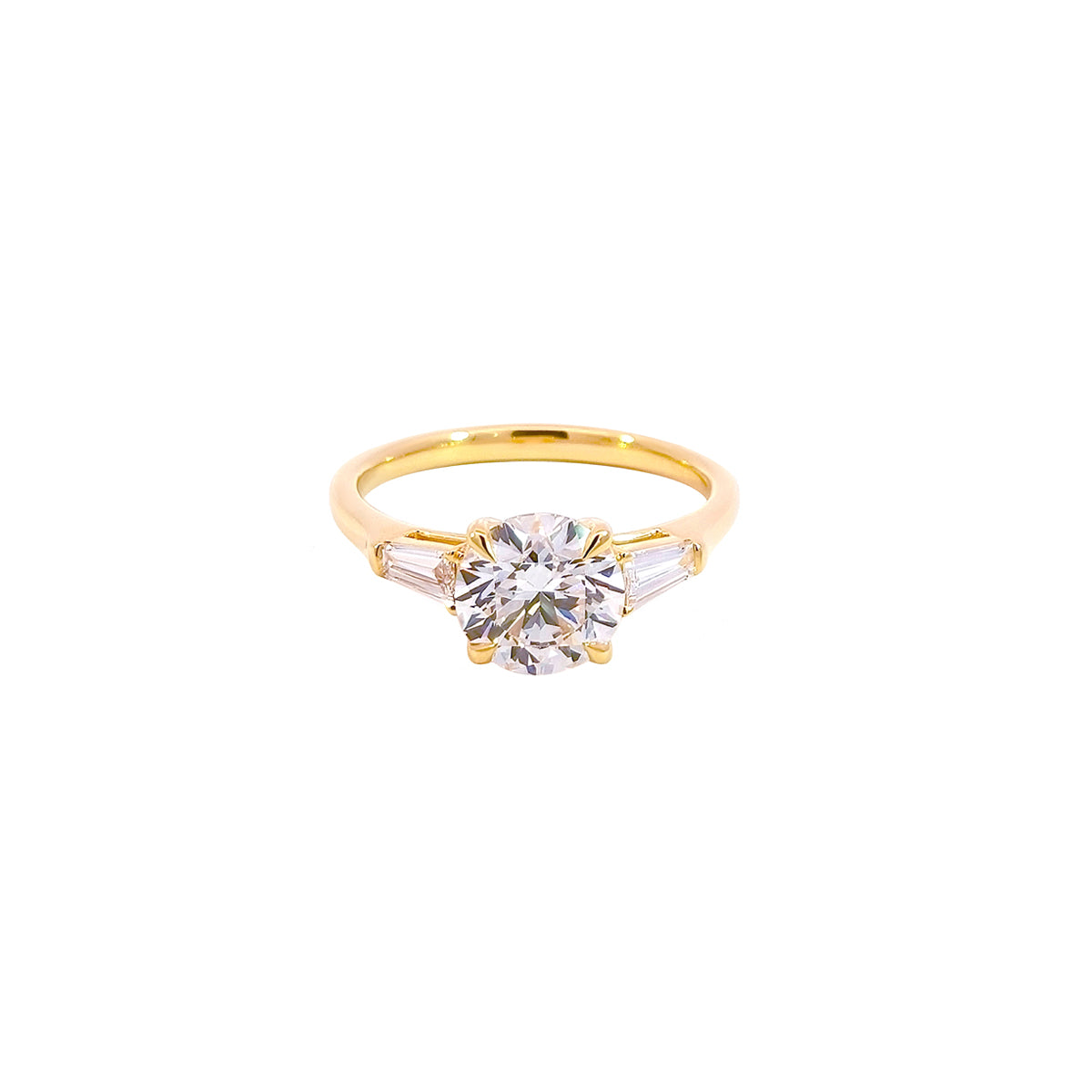 14K Yellow Gold Lab Grown Diamond Ring with Round Brilliant Center Stone and Tapered Baguette Side Stones