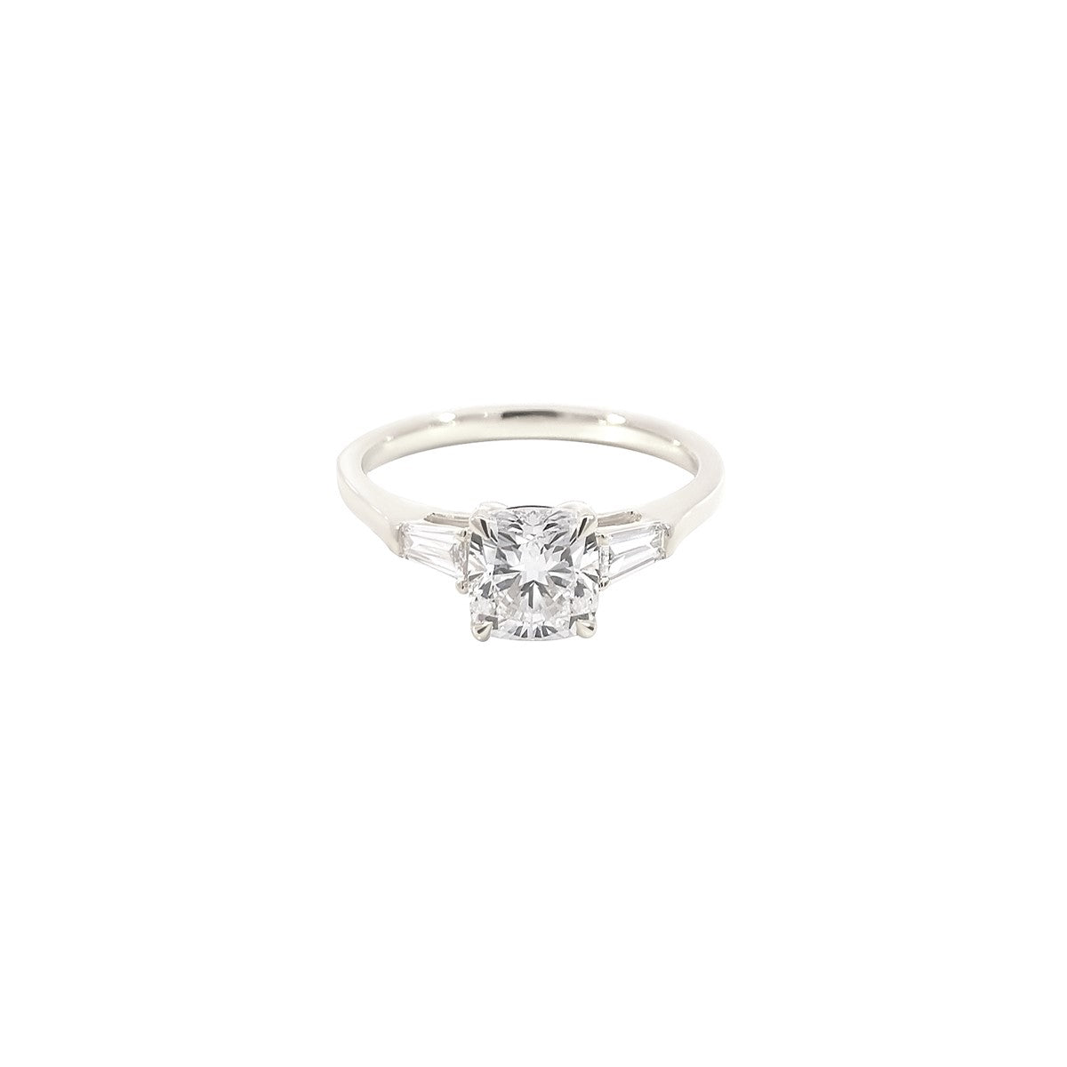 14K White Gold Lab Grown Diamond Ring with Cushion Cut Center Stone and Tapered Baguette Side Stones