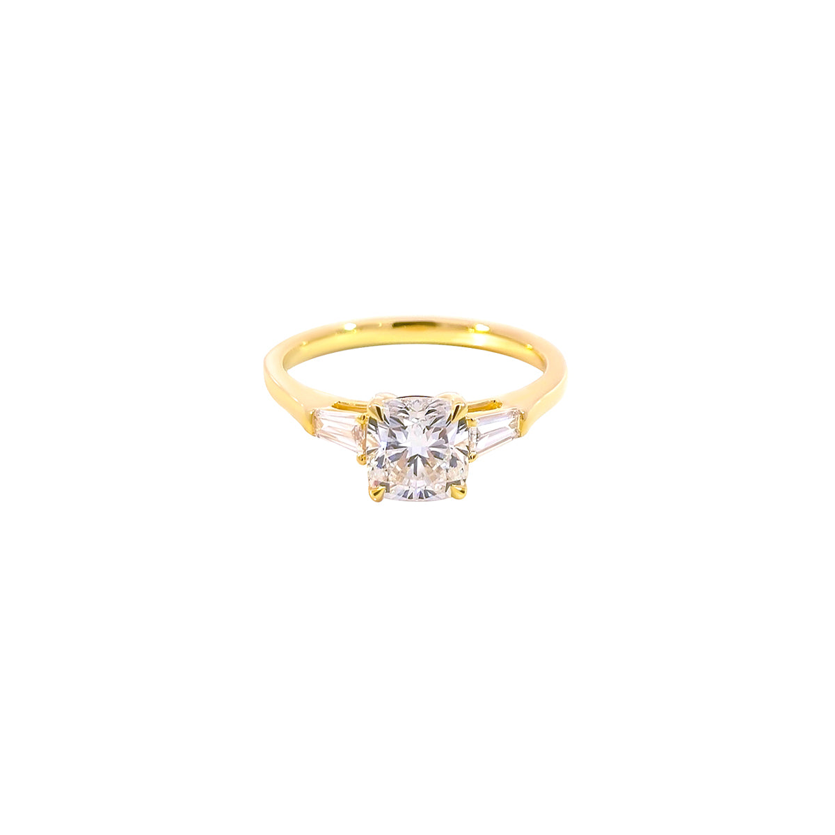 14K Yellow Gold Lab Grown Diamond Ring with Cushion Cut Center Stone and Tapered Baguette Side Stones