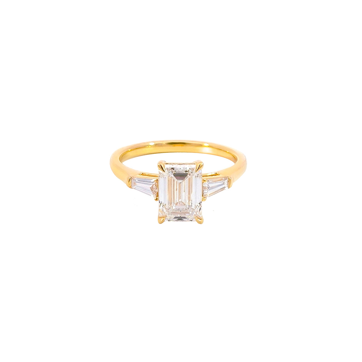 14K Yellow Gold Lab Grown Diamond Ring with Emerald Cut Center Stone and Tapered Baguette Side Stones