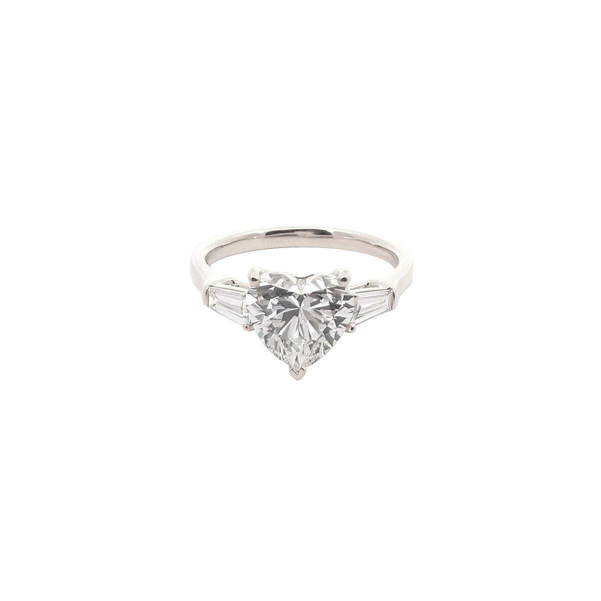 14K White Gold Lab Grown Diamond Ring with Heart Shaped Center Stone and Tapered Baguette Side Stones