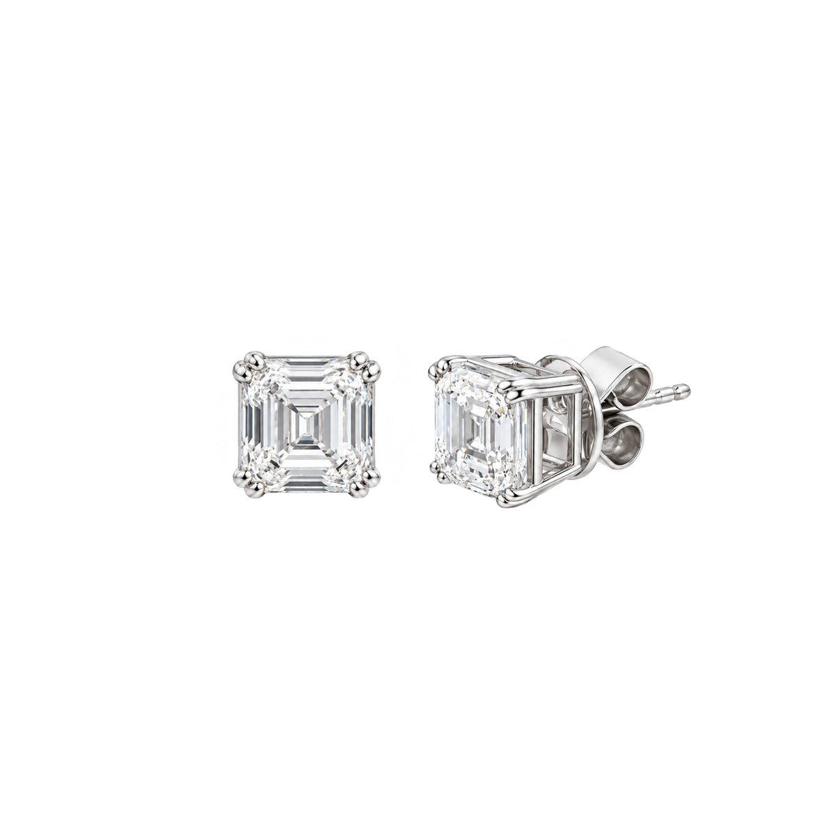 14K White Gold Square Emerald Cut Lab Grown Diamond Stud Earrings with Double prong Basket style setting