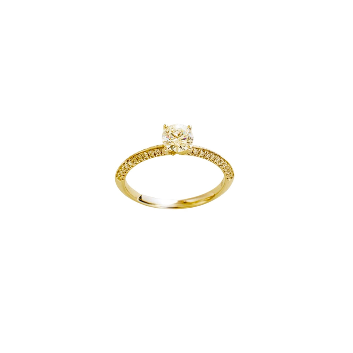 14K Yellow Gold Lab Grown Solitaire Diamond Ring with Four-Sided Pavé Band