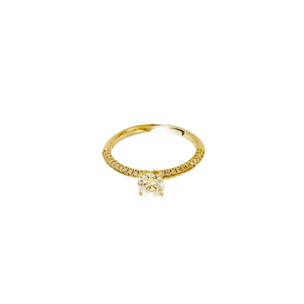 14K Yellow Gold Lab Grown Solitaire Diamond Ring with Four-Sided Pavé Band