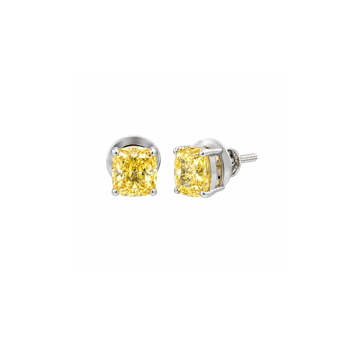 18K White Gold Fancy Yellow Cushion Cut Lab Grown Diamond Stud Earrings