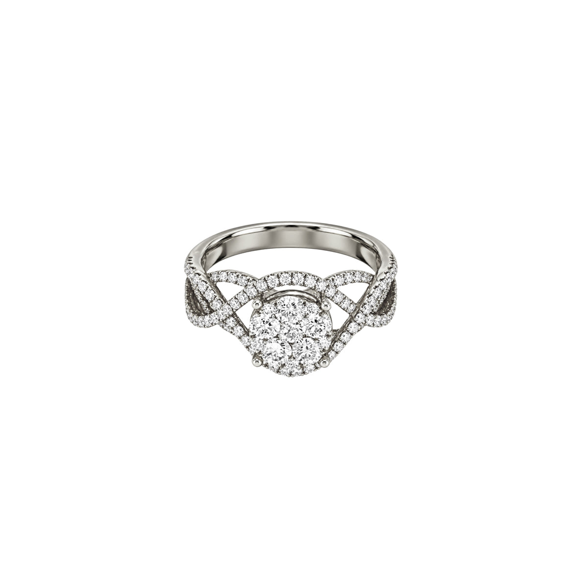 14K White Gold Vintage Cluster Illusion Ring with Twisted Split Shank