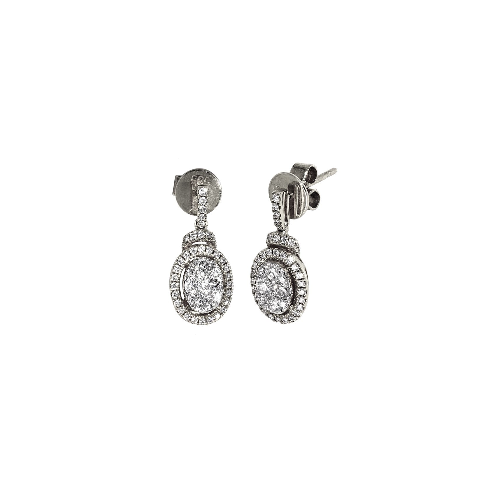 14K White Gold Oval Halo Drop Earrings with 96 Diamonds