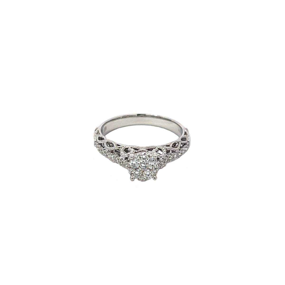 14K White Gold Illusion ring with Filigree detailing and pavé-set diamonds