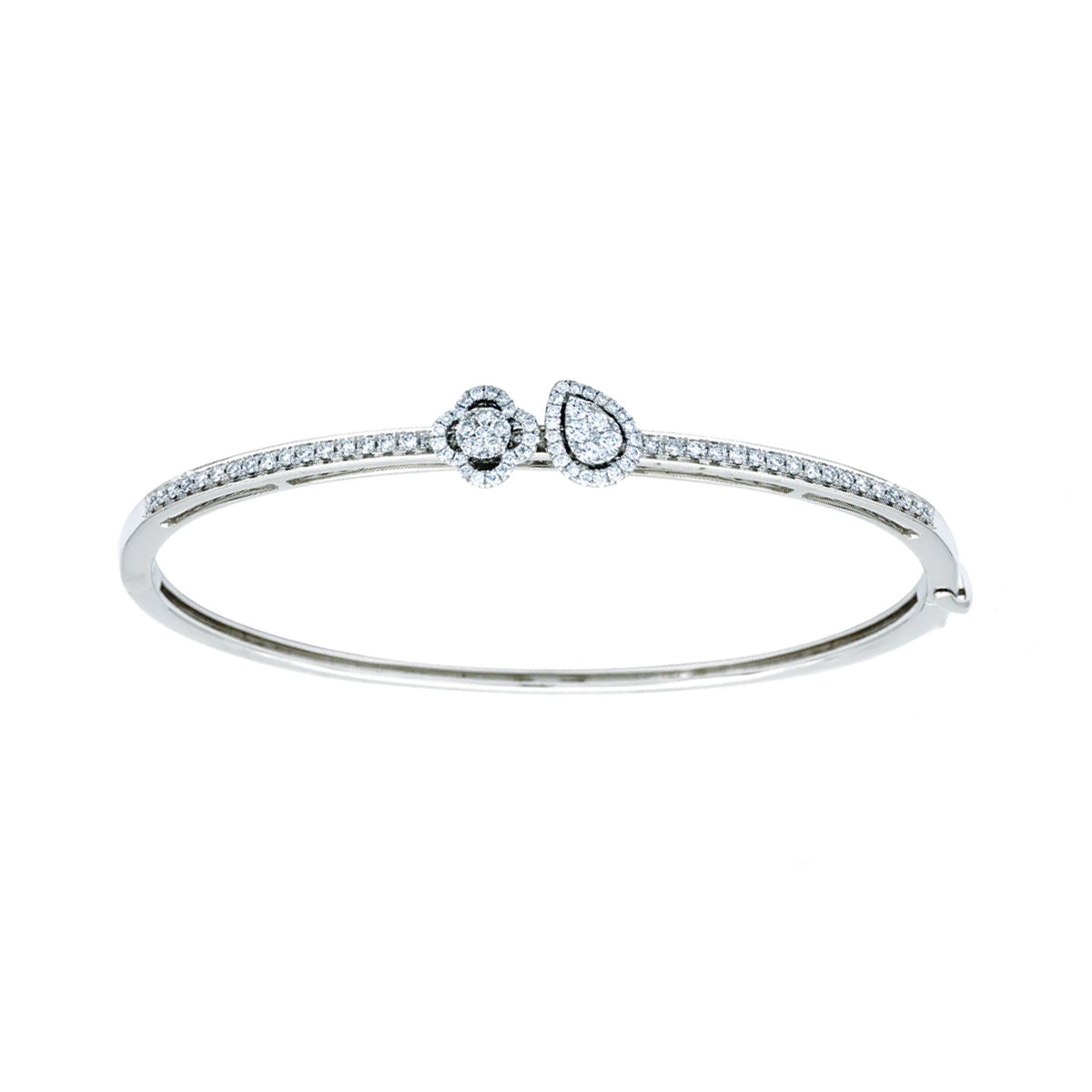 14K White Gold Flower and Teardrop Slide Bangle Bracelet with 96 Diamonds