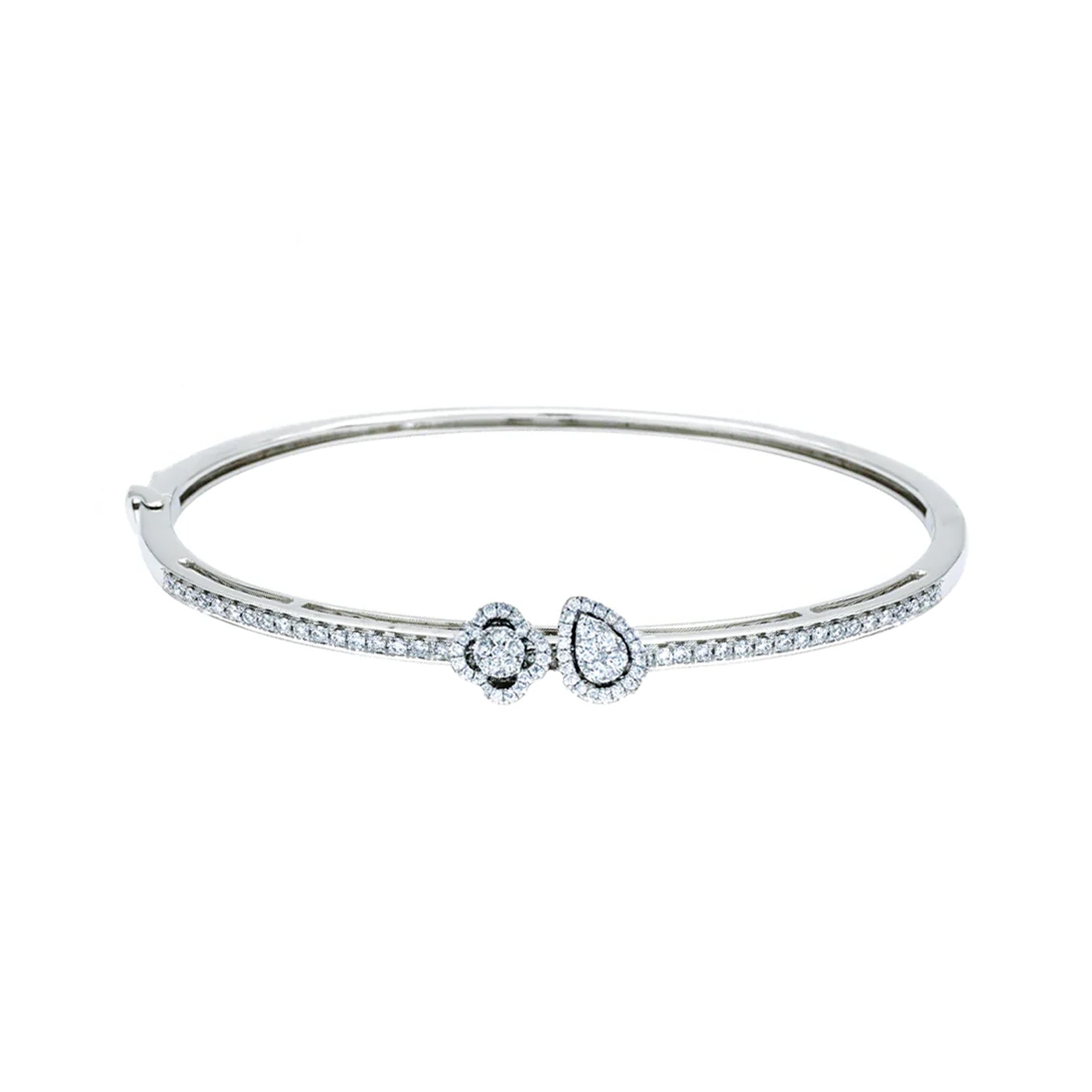 14K White Gold Flower and Teardrop Slide Bangle Bracelet with 96 Diamonds