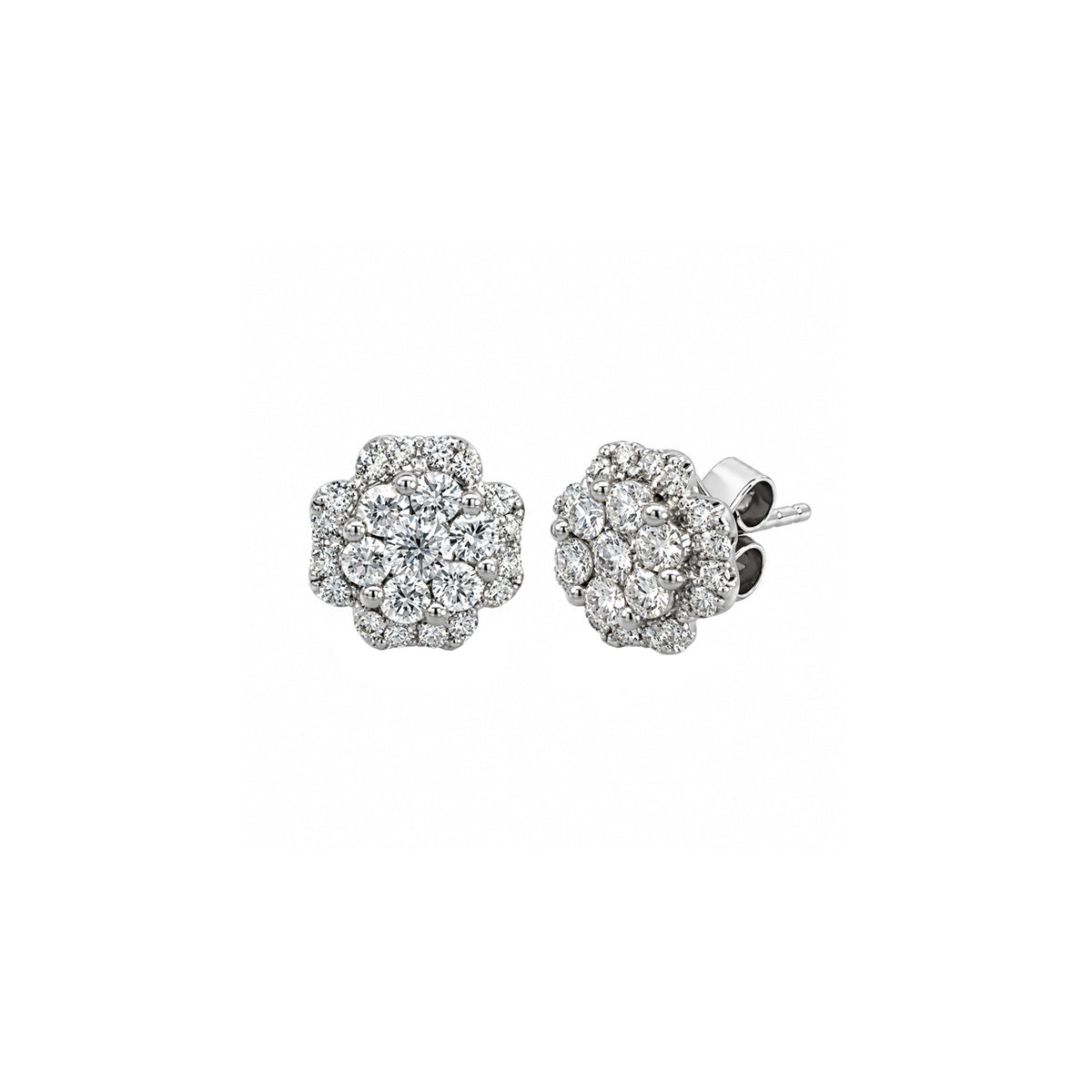 14K White Gold Floral Ornamental Cluster Stud Earrings with 46 Diamonds