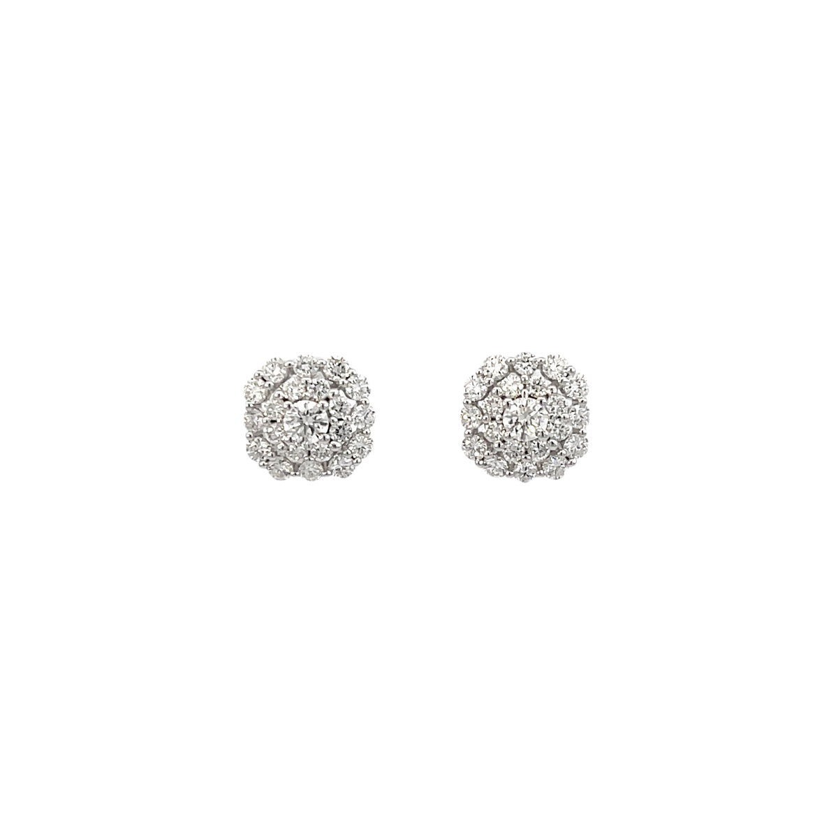 14K White Gold Cushion Shaped Ornamental Cluster Stud Earrings with 42 Diamonds