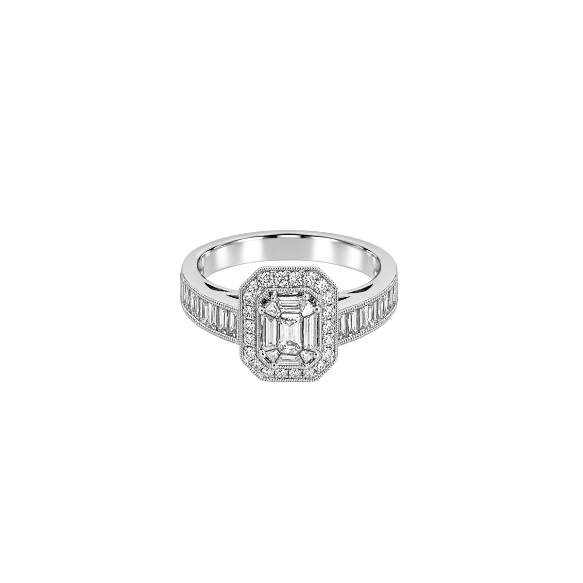 18K White Gold Art Deco Inspired Emerald Cut Diamond Ring with Diamond Halo and Baguette Cut Side Stones