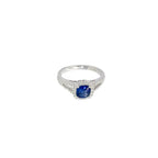 18K White Gold Cushion Shaped Sapphire Ring with Diamond Halo and Split Shank