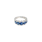 18K White Gold Ring with 5 Sapphires and Diamond Pave Scalloped Edging