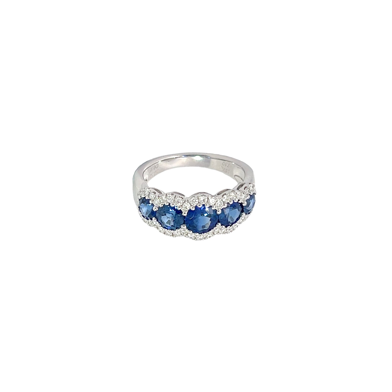 18K White Gold Ring with 5 Sapphires and Diamond Pave Scalloped Edging