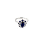 18K White Gold Oval Floral Sapphire and Diamond Cluster Ring