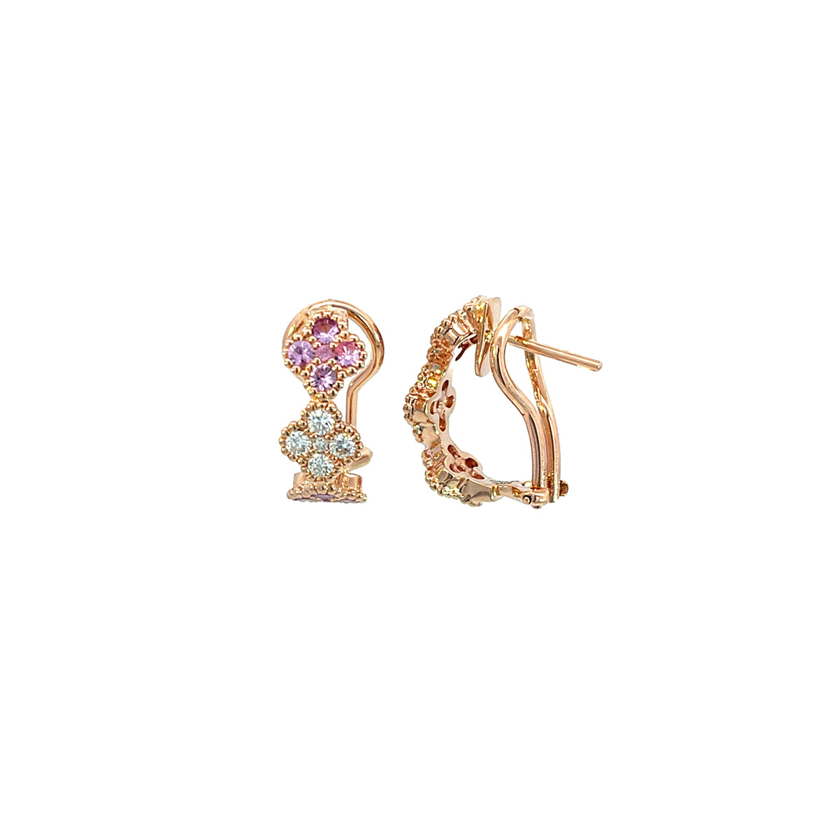 14k Clover Style Rose Gold Latch Back Earrings with 20 Pink Sapphires and 10 Diamonds