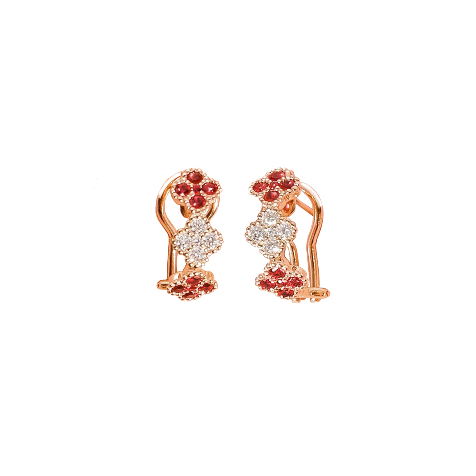14K Rose Gold Clover Style Latch Back Earrings with 20 Rubies and 10 Diamonds