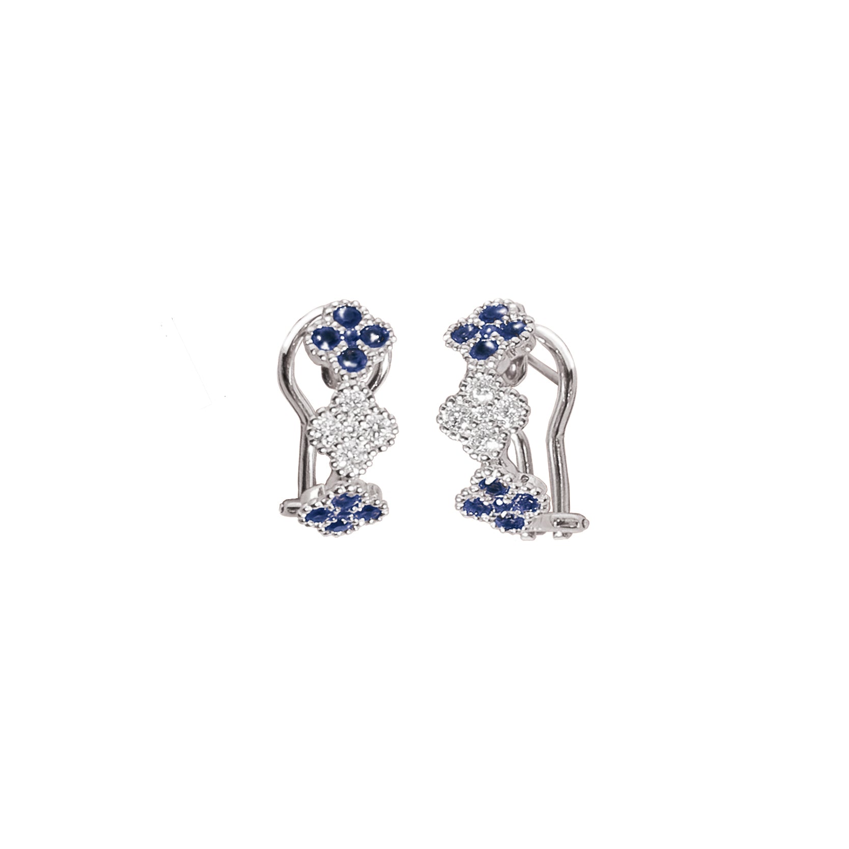 14K White Gold Clover Style Latch Back Earrings with 20 Sapphires and 10 Diamonds
