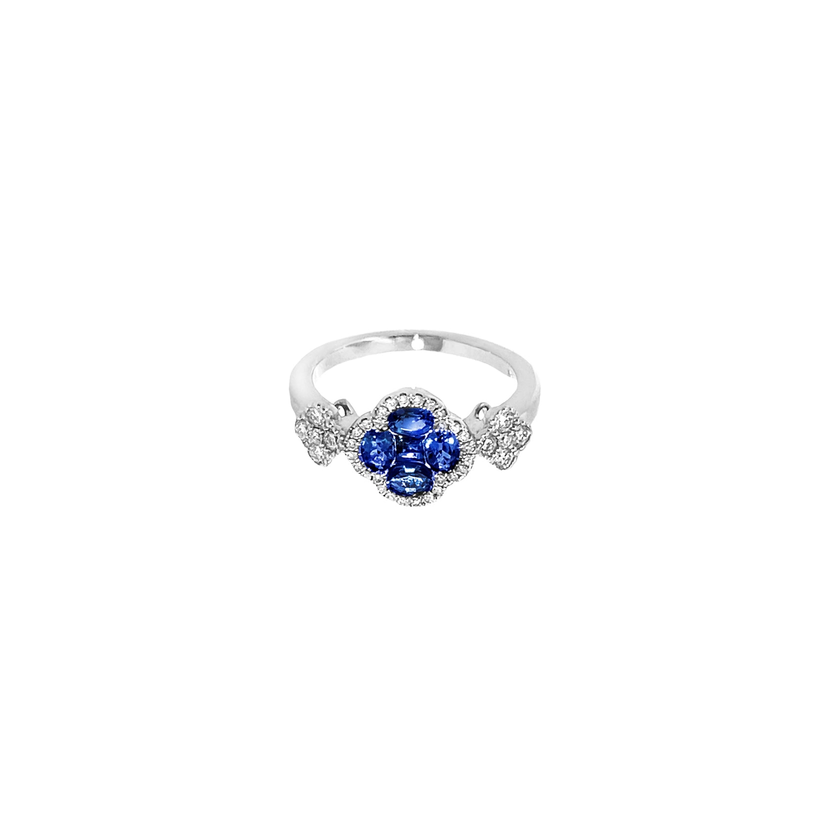 14K White Gold Sapphire and Diamond Clover Trilogy Ring