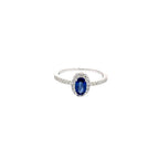 14K White Gold Oval Sapphire Ring with Diamond Halo and Pave Side Stones