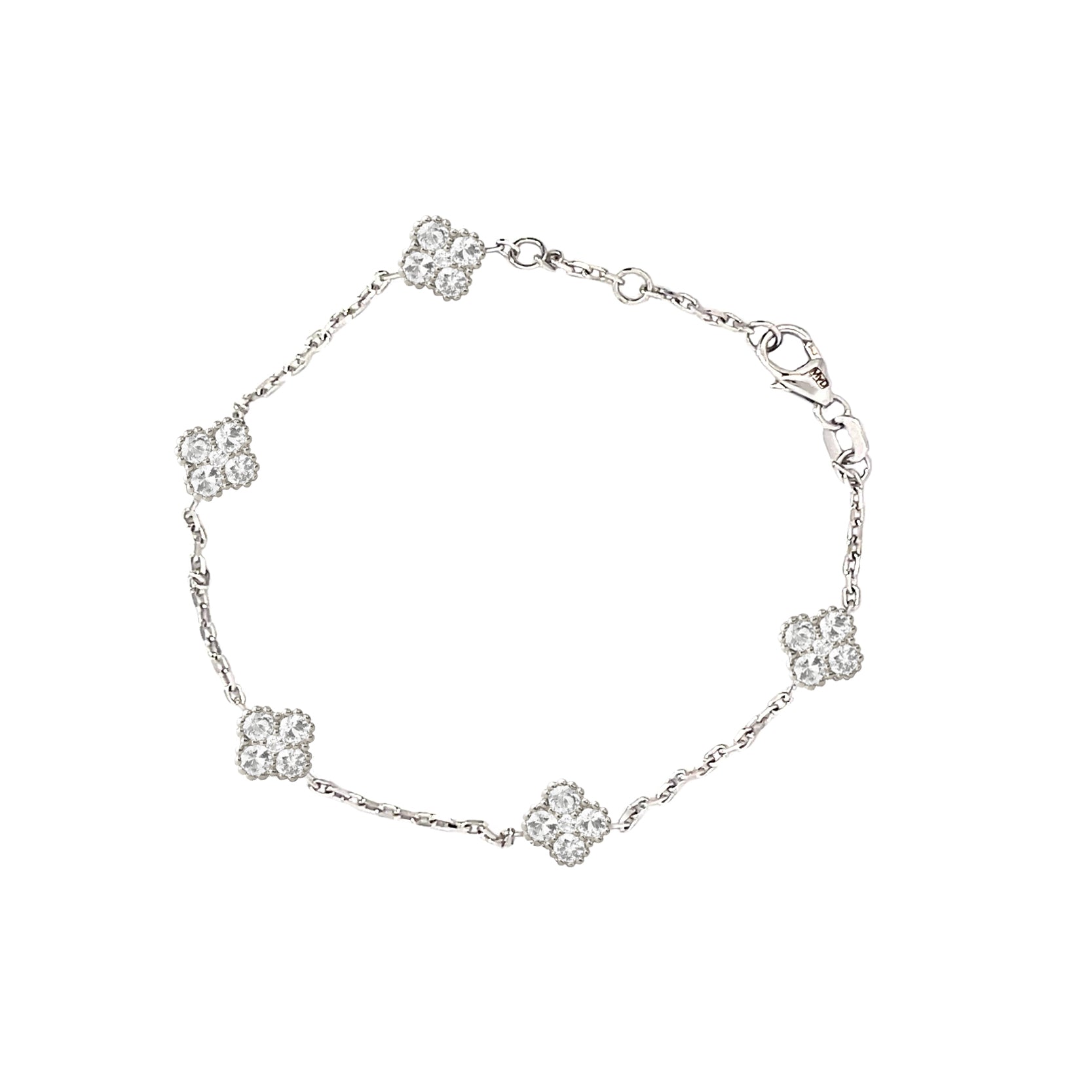14K White Gold Chain Bracelet with Diamond Clovers Clusters
