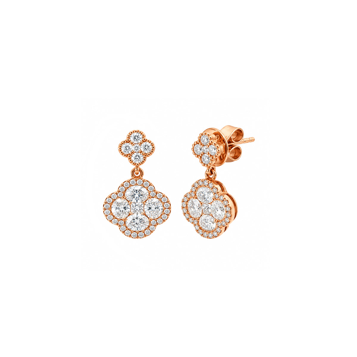 14K Rose Gold Diamond Clover Drop Earrings