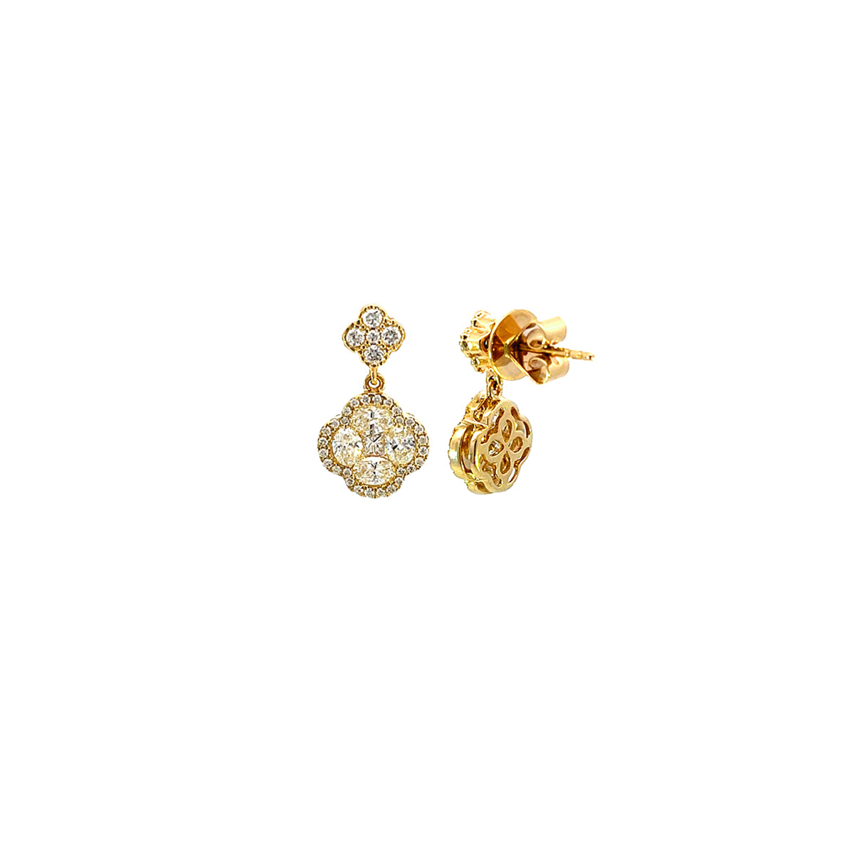 14K Yellow Gold Diamond Clover Drop Earrings