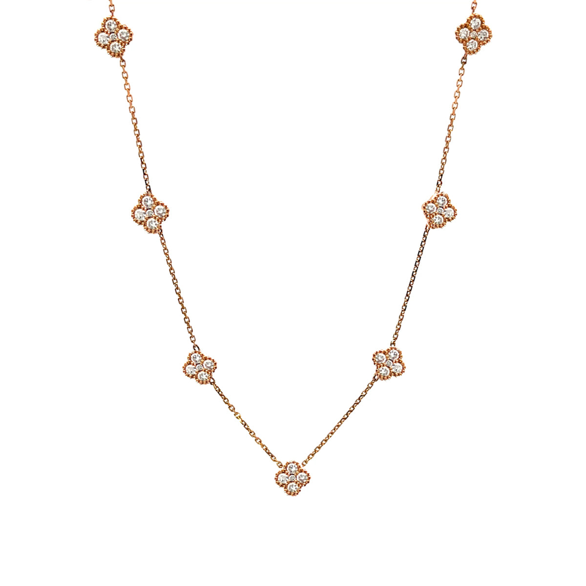 14K Rose Gold Chain Necklace with 7 Diamond Clover Clusters