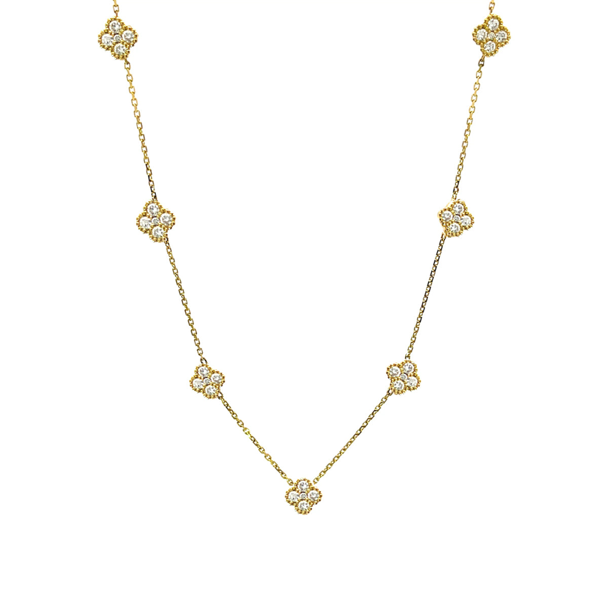 14K Yellow Gold Chain Necklace with 7 Diamond Clover Clusters