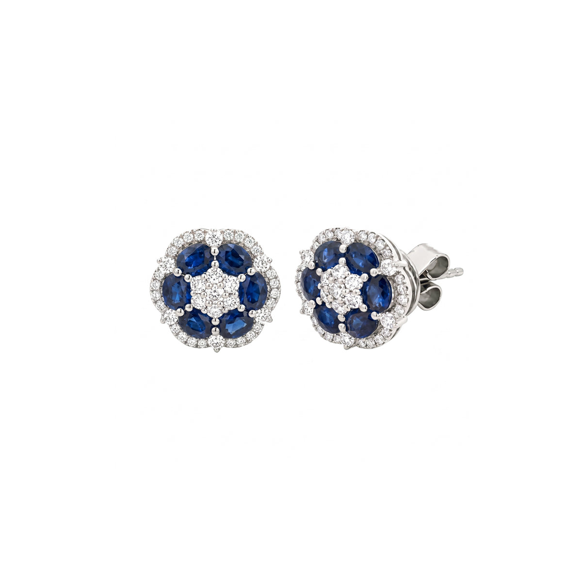 14K White Gold Floral Sapphire and Diamond Stud Earrings