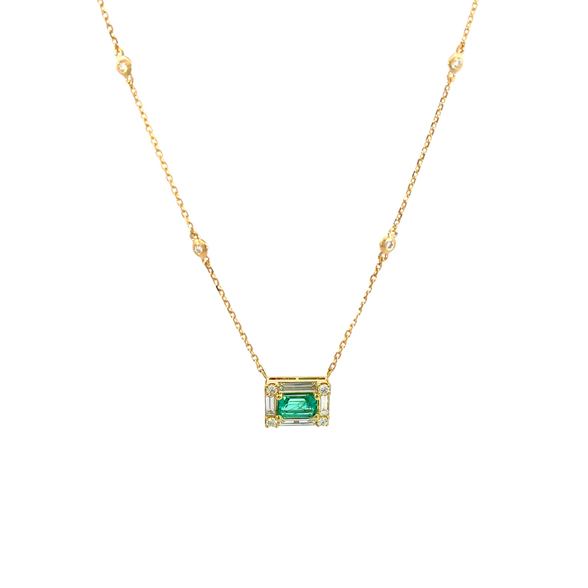 14K Yellow Gold Diamond and Emerald Rectangle Pendant Necklace