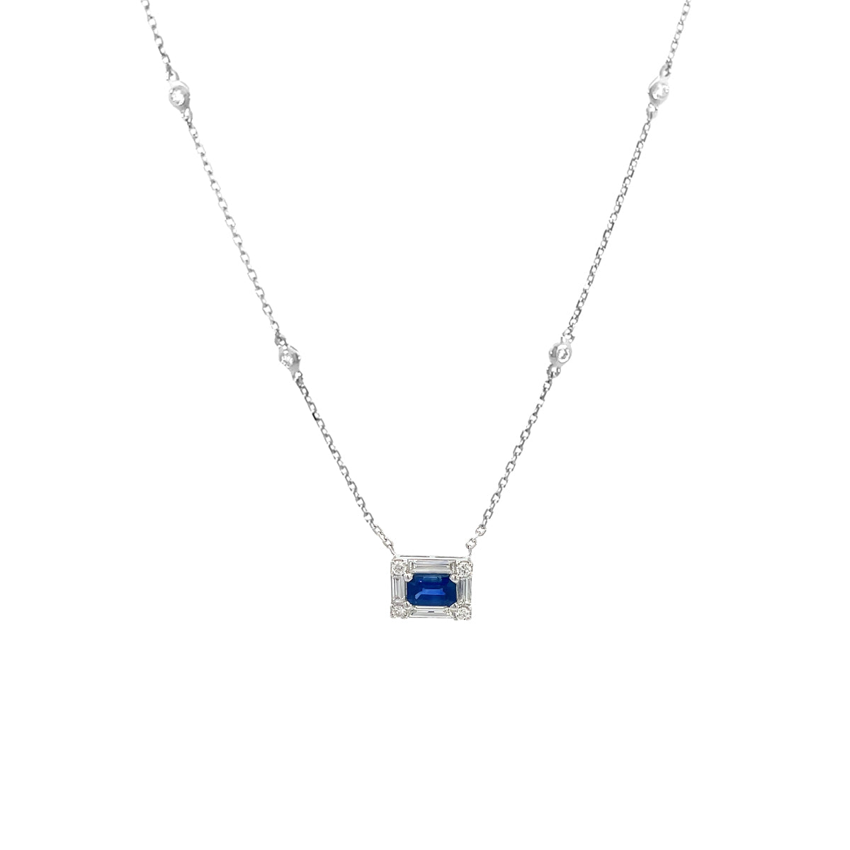 14K White Gold Diamond and Sapphire Rectangle Pendant Necklace