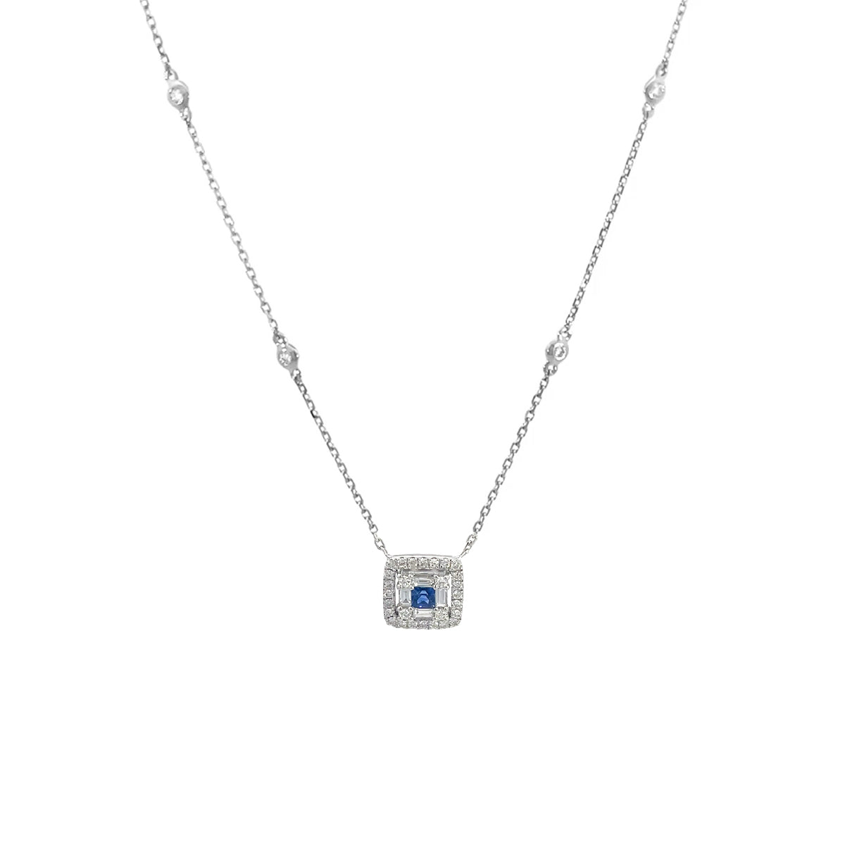14K White Gold Diamond and Sapphire Square Halo Pendant Necklace