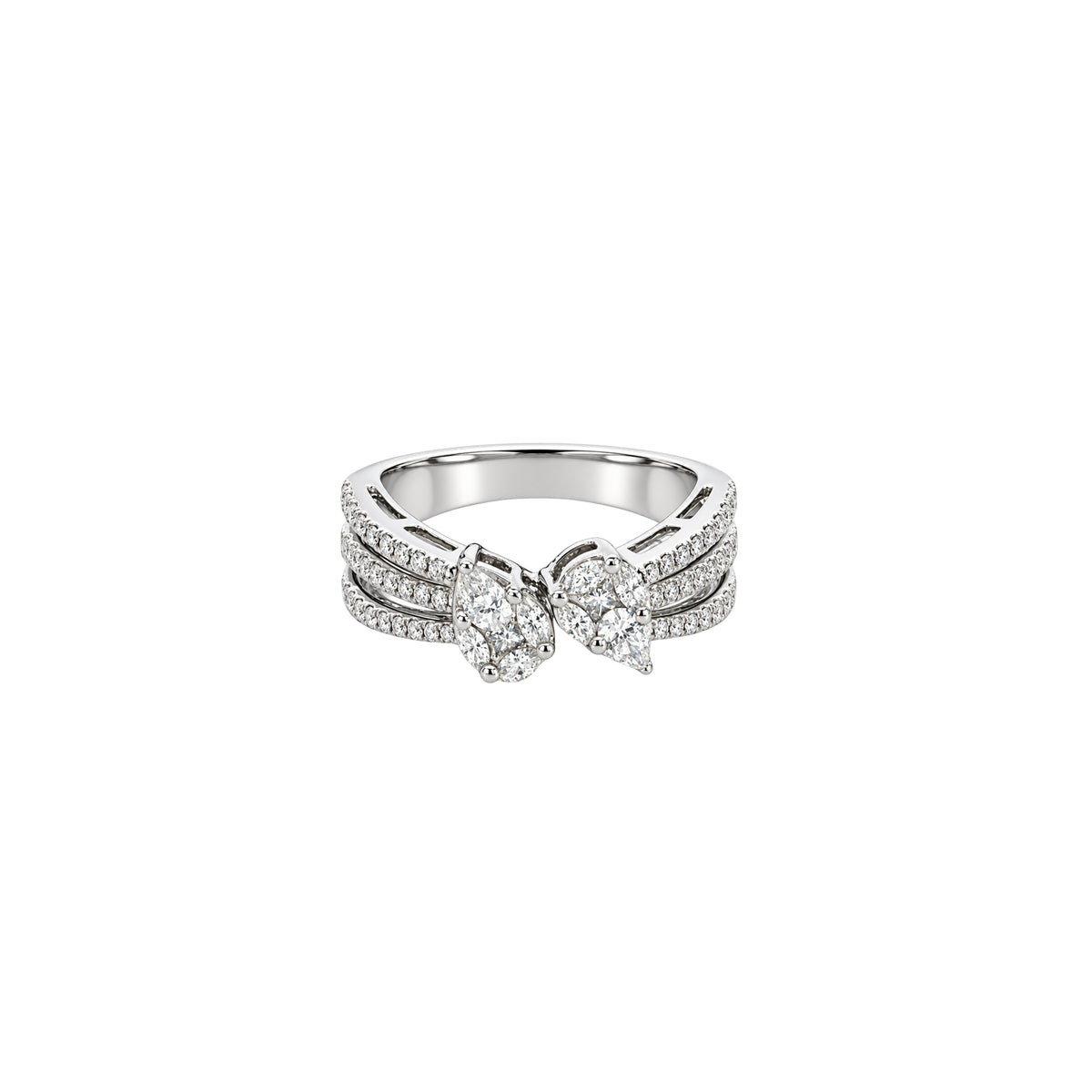 14K White Gold Twin Pear Diamond Cluster Ring with Triple Split Shank and Pave Side Stones
