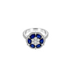 14K White Gold Sapphire and Diamond Floral Ring with Pave Side Stones