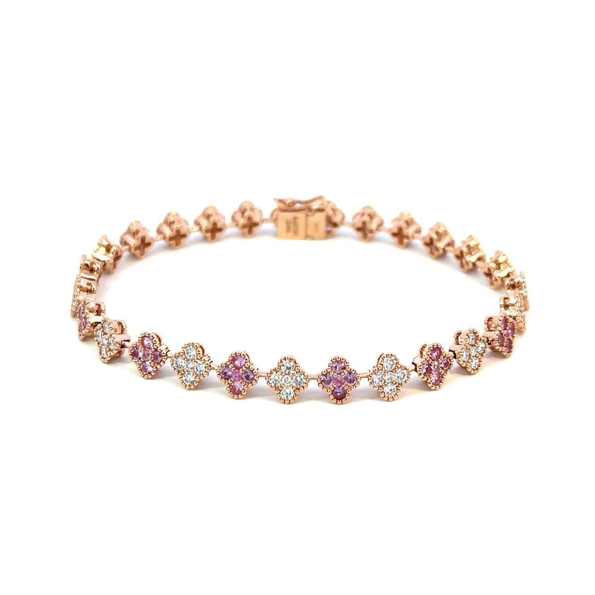 14K Rose Gold Diamond and Pink Sapphire Clover Cluster Tennis Bracelet