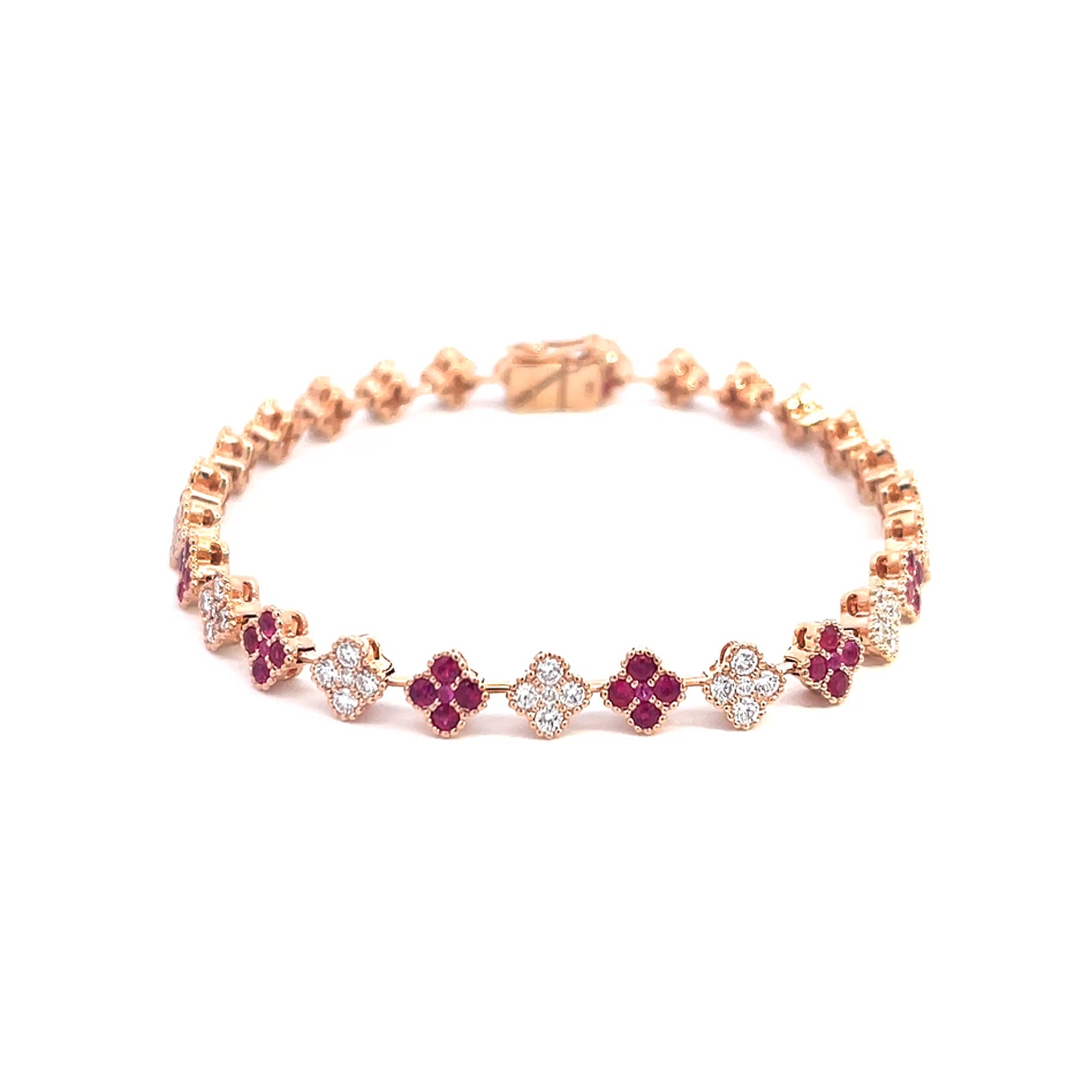 14K Rose Gold Diamond and Ruby Clover Cluster Tennis Bracelet