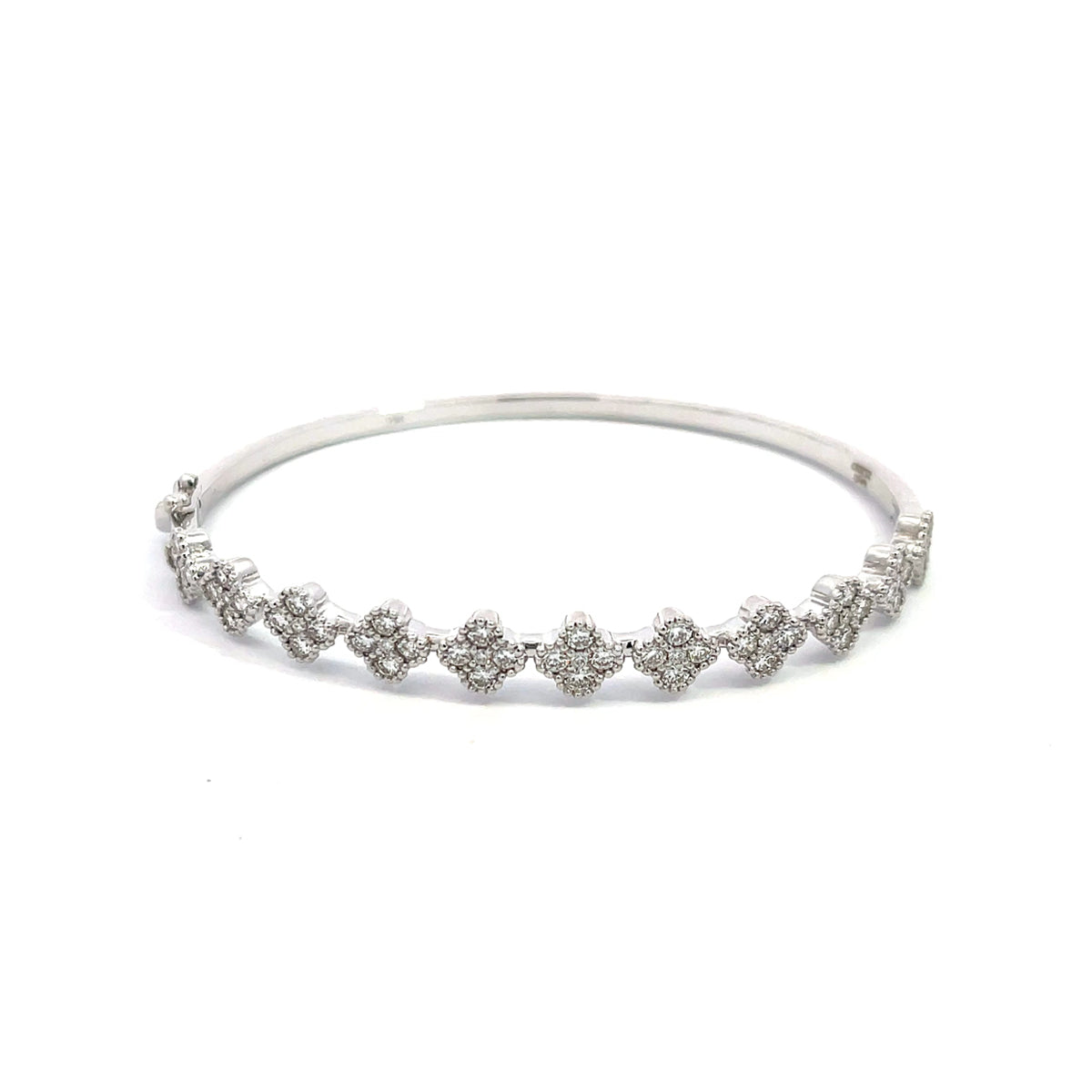 14K White Gold Diamond Clover Cluster Bangle Bracelet with 55 Diamonds